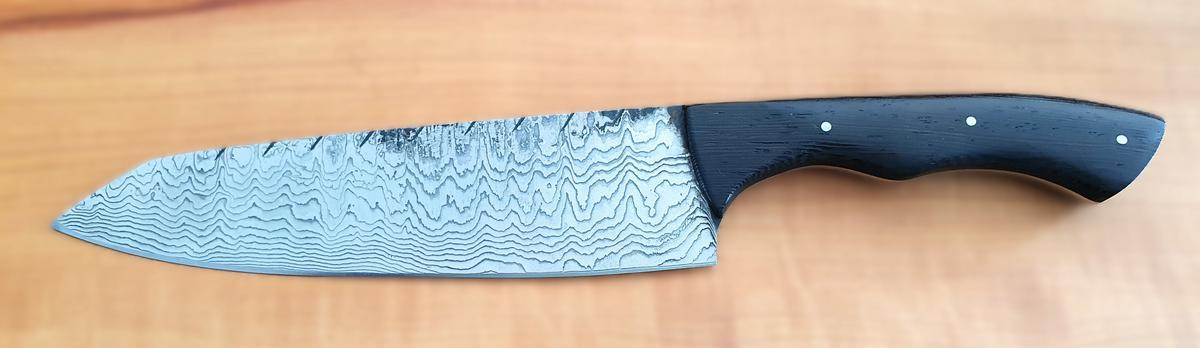 Damast-Kochmesser, Holzgriff dunkelbraun, Klinge Damaszener Stahl, rund 150 Lagen, charakteristische, rustikale Schmiedeoberfläche, Griff aus Holz, Gesamtlänge 325 mm, Klingenlänge 190 mm, Klingenstärke 3mm?d=2025-12-06 05:33:47