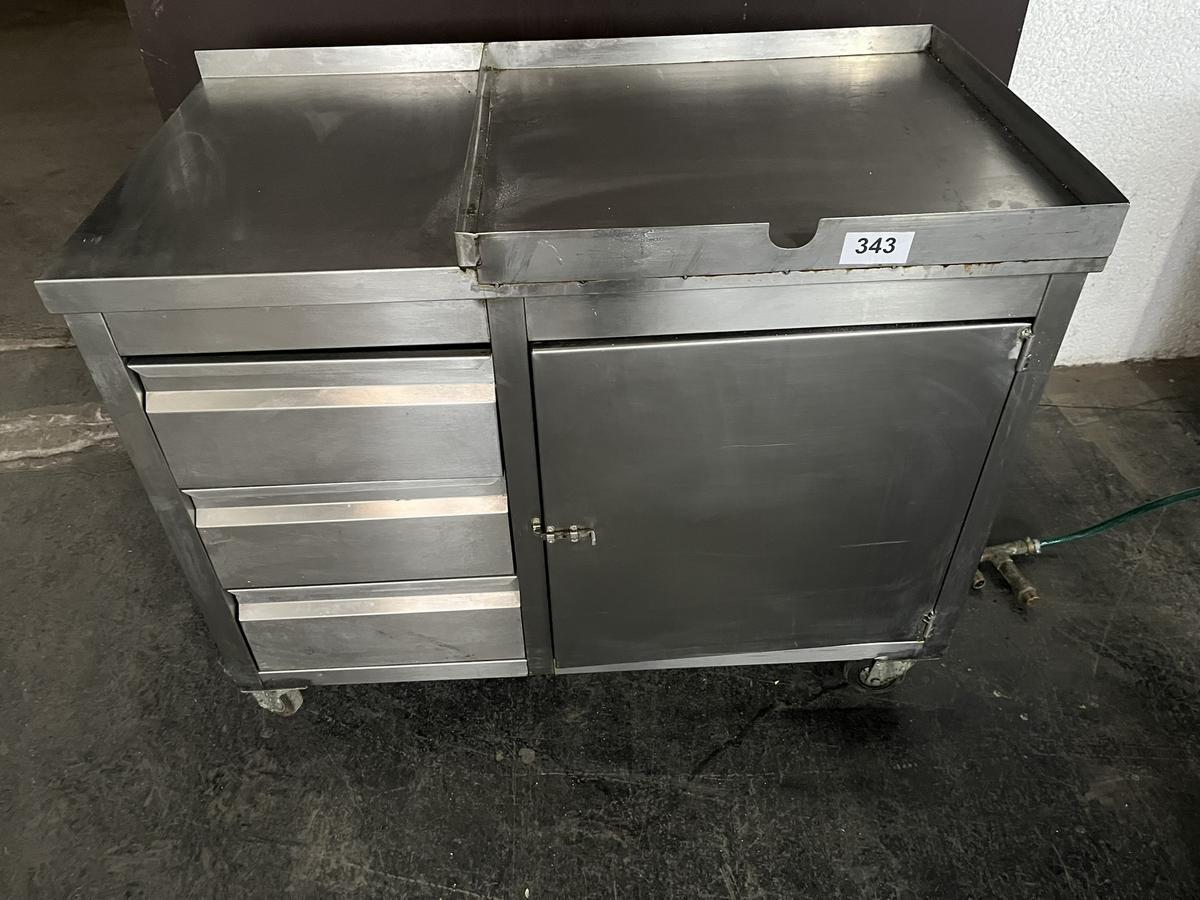 Edelstahlmodul 110x60x88cm, mit einer Flügeltüre und 3 Laden, Rollen