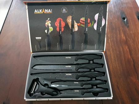 K�chenmesser - Set, 6teilig mit Marmorbeschichtung - schwarz, K�chenmesser 20cm, Brotmesser 20cm, Schneidemesser 20cm, Universalmesser 12.5cm, Sch�lmesser 9cm, Keramiksch�ler