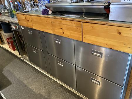 Edelstahl K�hlpult, eingebaut, 6 Laden, Flaschenk�hler (Selbstabbau), L 220 x T 70 x H 90 cm