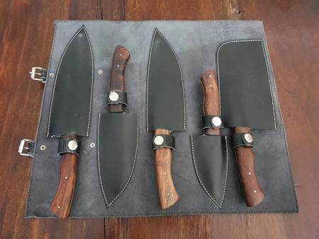 Kochset mit 5 Damast-Messer und schwarzer Lederrolle